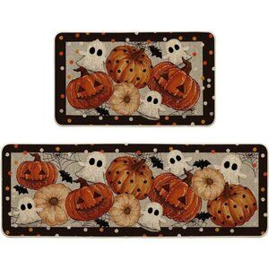 Set of 2 Spooky Ghost & Jack-O'-Lantern Kitchen Mats for Halloween Home Decor